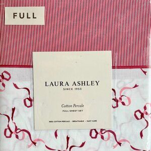 NWT – Laura Ashley Full Sheet Set Red Trailing Bows 100% Cotton Percale